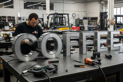 3D metal sign being built in a production workshop
