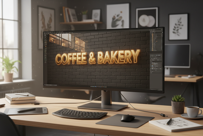 Computer monitor displaying a sign mockup