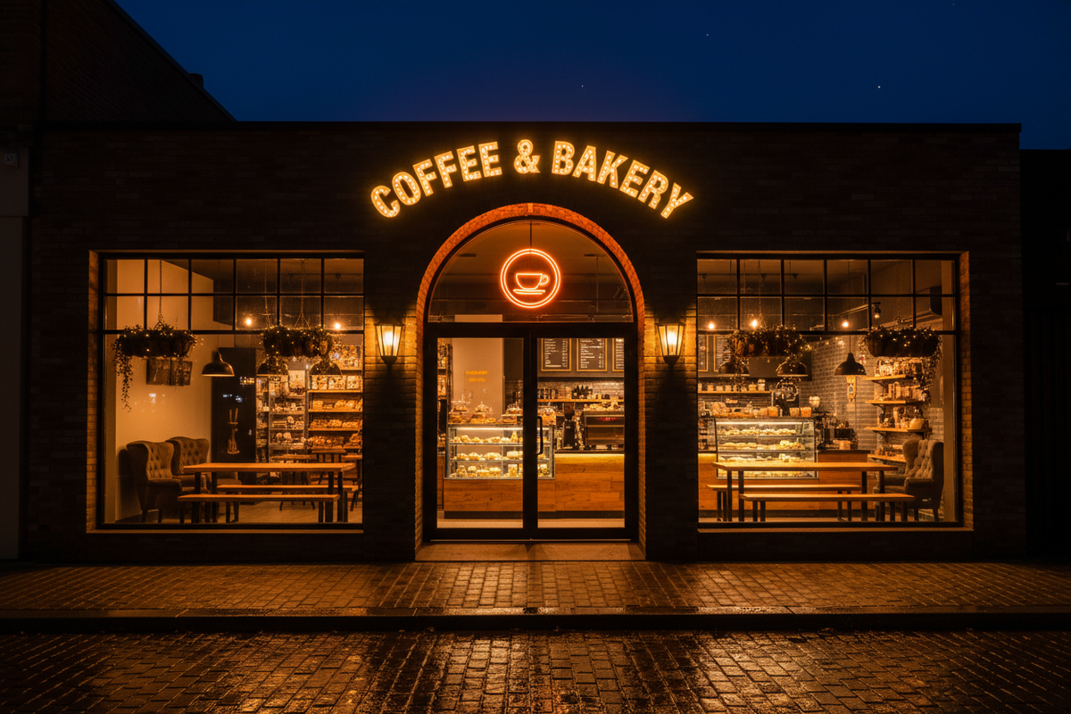 Nighttime storefront of a coffee and bakery